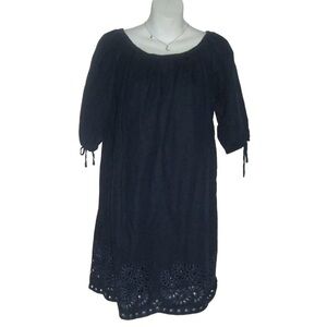J. Crew Dress Linen Blend Eyelet Navy Blue Coastal Grandmother Beach Vacation M